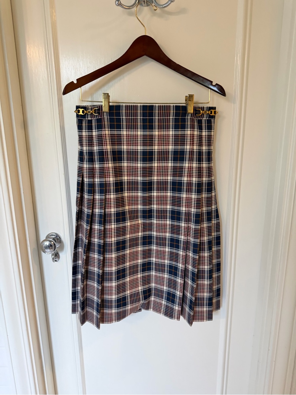 Tory Burch Navy, Beige and Burgundy Plaid A-Line Skirt